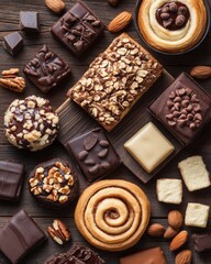 Delectable Assortment of Gourmet Chocolates, Sweet Treats, and Nutty Delights Perfect for Dessert Lovers and Indulgent Occasions, Featuring Rich Brown Shades