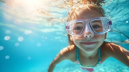 Naklejka premium Happy young girl swimming underwater with goggles in a bright blue pool
