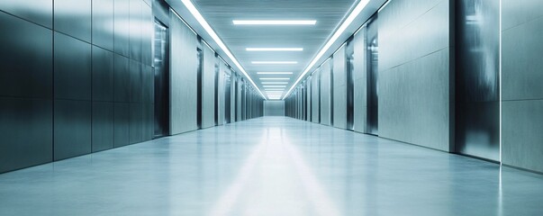 Long modern corridor with bright lights and many doors