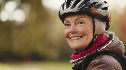 Elderly woman enjoying outdoor cycling with a helmet in a peaceful park setting
