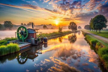 Fototapeta premium Serene Sunrise: Turbine Baler Reflecting in Calm Canal Water