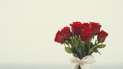 Obraz premium A bouquet of red roses tied with a satin ribbon, photographed against a stark white setting.