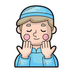 Obraz premium Boy in blue clothing praying with raised hands suitable for religious themed designs for inspirational content for children's products