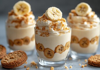 Delicious and Creamy Banana Pudding Dessert in Glasses with Crushed Cookies and Fresh Banana Slices for a Sweet Treat on a Light Background