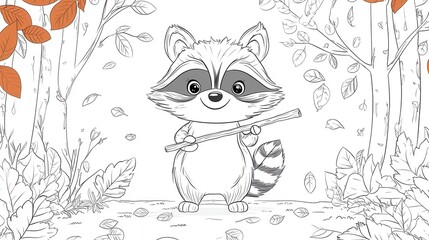 Obraz premium Adorable Raccoon Holding Stick Autumn Forest Setting