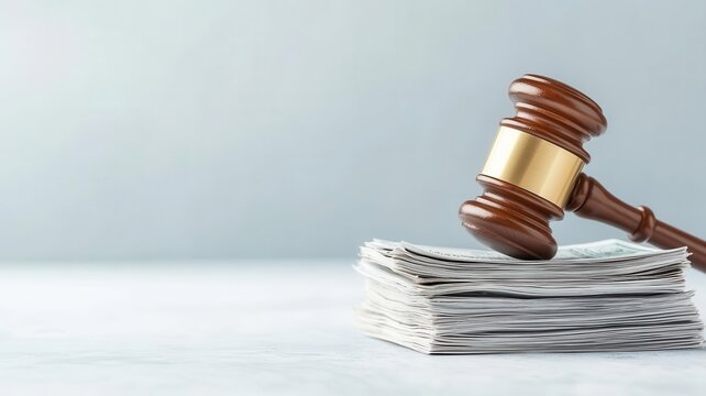 Medical bills stacked with a gavel, representing legal action in healthcare cost disputes and insurance claims