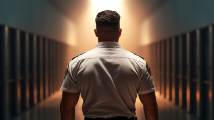A correctional officer patrolling a high-security prison block, representing law enforcement in a correctional facility