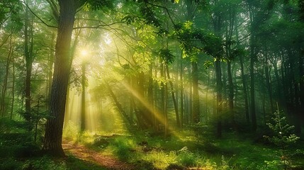 Obraz premium Enchanting Beauty of Sunlight in the Green Forest