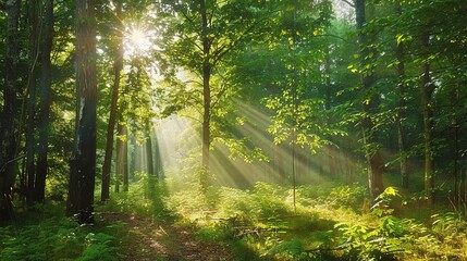 Fototapeta premium Enchanting Beauty of Sunlight in the Green Forest