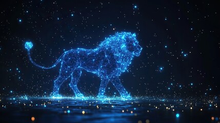 The zodiac sign Leo is represented by glowing lines against a dark starry sky, capturing the essence of this fiery constellation