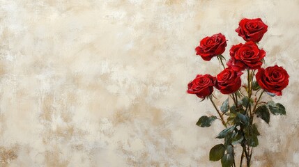 A classic red rose bouquet set against a cream-colored background with an open space for text.
