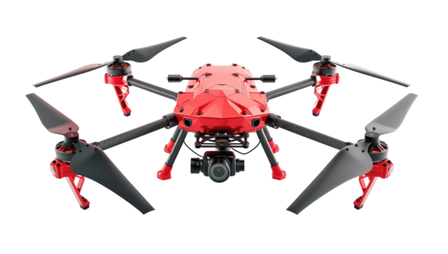 Red drone Isolated on white background PNG transparent clipart.