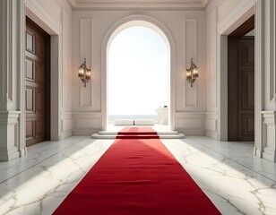 Fototapeta premium Red carpet over a white marble luxury floor, premium corridor, suxcess, business, richness, rich, popularity, business, lifestile, gold, red velvet carpet, white marble walls and column, golden decora