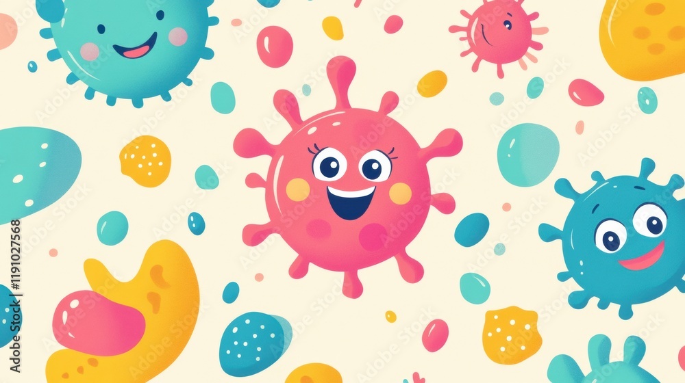 Fototapete smiling cartoon microbes with colorful designs and cheerful expressions in a playful arrangement on 