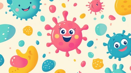 Fototapeta premium Smiling cartoon microbes with colorful designs and cheerful expressions in a playful arrangement on a light background. Generative AI