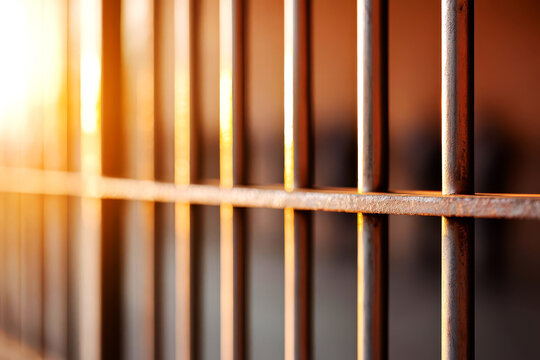 Close-up of prison bars with blurred inmates in the background, symbolizing imprisonment and the physical barriers of a facility