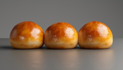 Three golden buns in a row on a grey background.