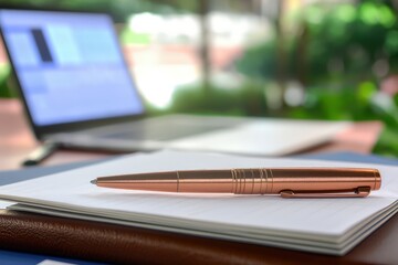 A copper pen rests on a brown leather notebook atop white and blue papers