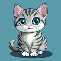 Obraz premium Cute tabby kitten sitting, blue background, digital art, pet print