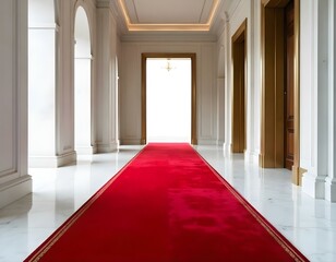 Fototapeta premium Red carpet over a white marble luxury floor, premium corridor, suxcess, business, richness, rich, popularity, business, lifestile, gold, red velvet carpet, white marble walls and column, golden decora