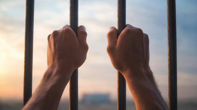 Hands gripping prison cell bars with a distant view of a jail facility, symbolizing imprisonment and loss of freedom
