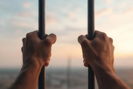 Hands gripping prison cell bars with a distant view of a jail facility, symbolizing imprisonment and loss of freedom