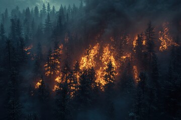 Fototapeta premium Flames engulfing trees and spreading rapidly through a dense forest, creating a scene of destruction and highlighting the devastating impact of wildfires on the environment