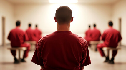 Inmates sitting in a prison cafeteria, highlighting daily life inside a correctional facility and institutional routine