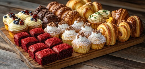 Delicious Assortment of Baked Treats Featuring Cupcakes, Croissants, and Sweet Pastries Displayed on a Wooden Platter Perfect for Coffee Shops or Bakery Promotions