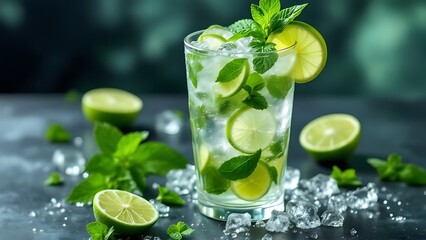 Mojito cocktail: ice, lime, mint