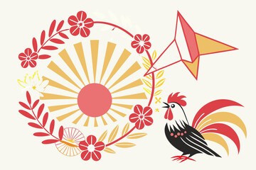Colorful Japanese New Year decoration, vibrant floral wreath, stylized rooster, geometric sun rays, red and gold accents, pink circular motif, traditional Japanese stamp, festive origami elements, abs