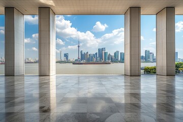 Shanghai skyline in sunny day, showing the Huangpu river with passing cargo ships, and financial district, empty marble floor and clear, cloud sky background 