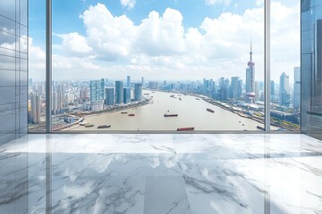 Shanghai skyline in sunny day, showing the Huangpu river with passing cargo ships, and financial district, empty marble floor and clear, cloud sky background 