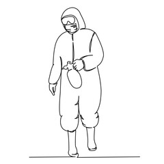 One continuous single drawing line art flat doodle man, safety, suit, chemical, protective. Isolated image hand draw contour on a white background
