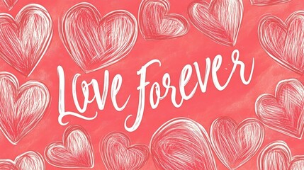 Naklejka premium Valentine Day artwork featuring hand drawn hearts and love forever inscription on a vibrant red background symbolizing romance and affection