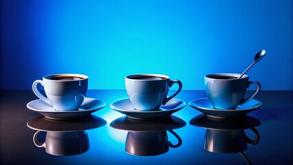 Silhouetted Black Coffee Cups & Spoons on Blue Background - Stock Photo