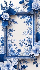Obraz premium Delicate blue and white porcelain inspired designs wrapping the edges for a classic frame background