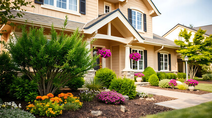 Luxury Home Exterior with Landscaped Garden and Walkway. Beautiful Residential Property with Curb Appeal