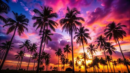 Obraz premium Silhouetted Palm Trees Sunset Aerial Photography - Pink Purple Sky