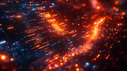 Obraz premium Abstract digital circuit board with glowing lines and particles.