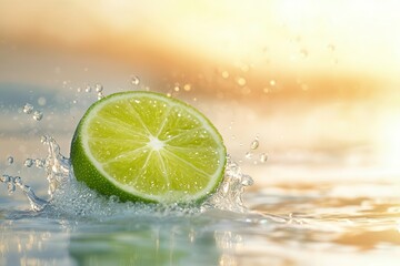 Lime splash in sharp contrast to the soft, glowing hues of an orange sunset, creating a sense of freshness and warmth