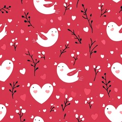 Hand-Drawn Seamless Pattern Featuring Whimsical Birds and Hearts Ideal for Celebrating Chinese New Year with Vibrant Colors and Cheerful Design Elements
