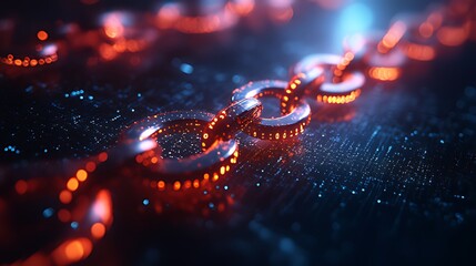 Glowing metallic chain links on a dark digital background, representing connection, security, and technology.