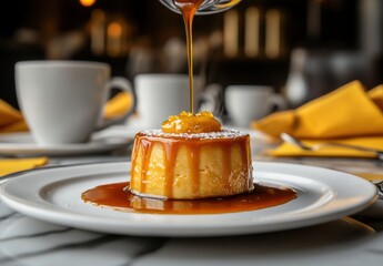 Delicious Caramel Flan Dessert Served on White Plate with Drizzling Caramel Sauce, Garnished with Whipped Cream, in a Cozy Dining Setting with Coffee Cups