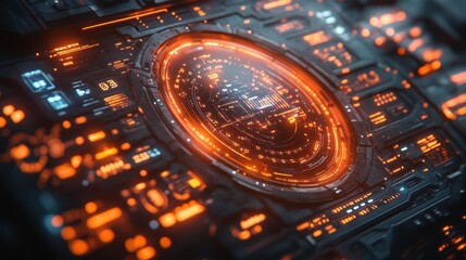 Futuristic Digital Interface with Glowing Orange Display. Generative AI