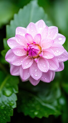 Obraz premium Dew-kissed blooming pink flower among lush greenery