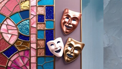 Gold White Comedy Masks near Stained Glass Panel