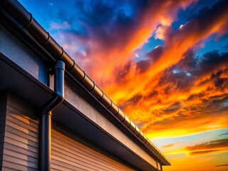 Silhouette of Black Rain Gutters Against Sunset Sky - Architectural Detail Stock Photo