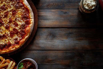 Super Bowl or football theme food side border. Pizza, hamburgers, wings, snacks and sides. Top down view on a dark wood background., copy-space 