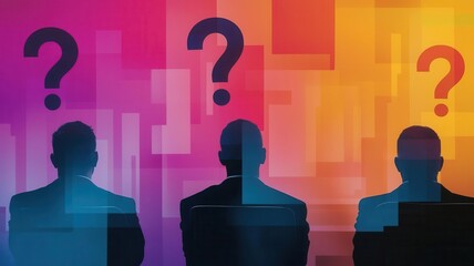 Shareholders at session q and a during meeting (close up, focus on, copy space), bright hues, double exposure silhouette with question marks